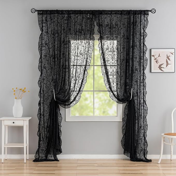 TUDECO Black Curtains 96 Inches Long - Luxury Floral Ruffled Lace Black Floral Curtains Embroidered Light Filtering Goth Victorian Decor Rod Pocket Window Treatment 2 Panles, 59 x 96 Inch