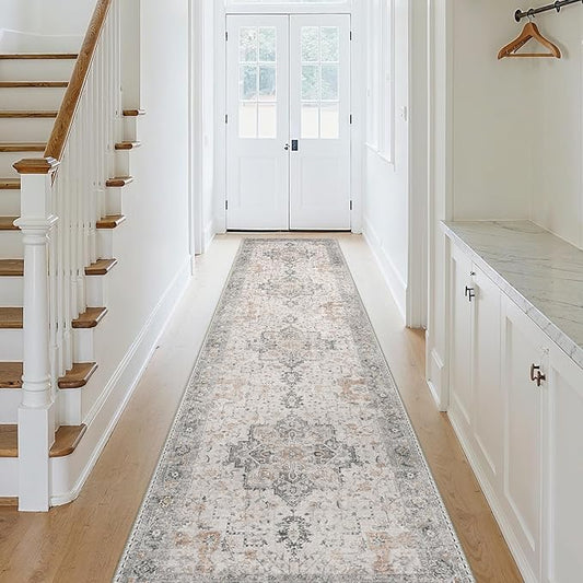 GENIMO 2'6"x11 Runner Rugs for Hallway, Machine Washable Non Slip Vintage Rugs, Low Pile Soft Chenille Print Rug for enrtyway, Corridor, Home Office,Light Taupe Brown