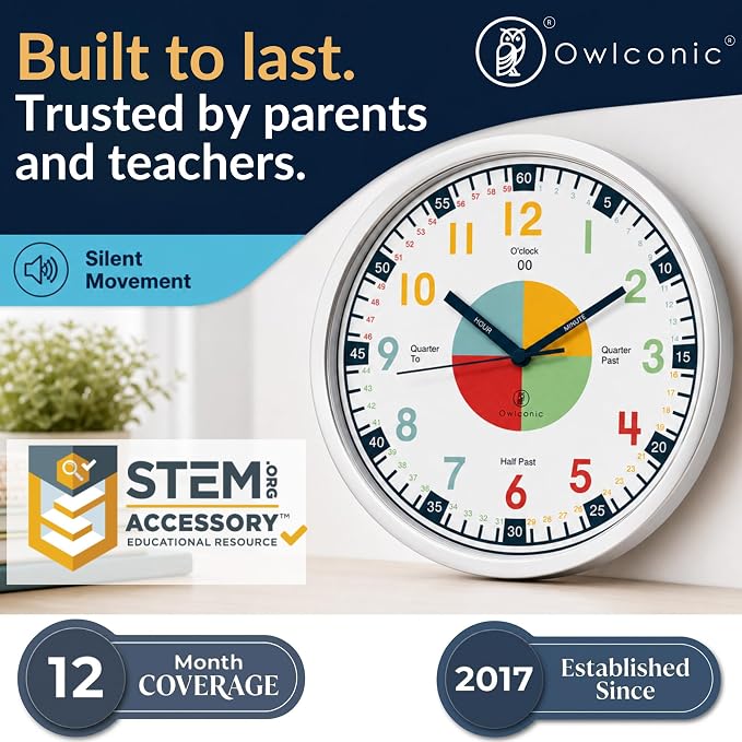OWLCONIC Clock for Kids – Educational Analog Learning Wall Clock, Non Ticking Teaching Clock for Classroom & Homeschool, Silent Kids Bedroom Décor Multicolor