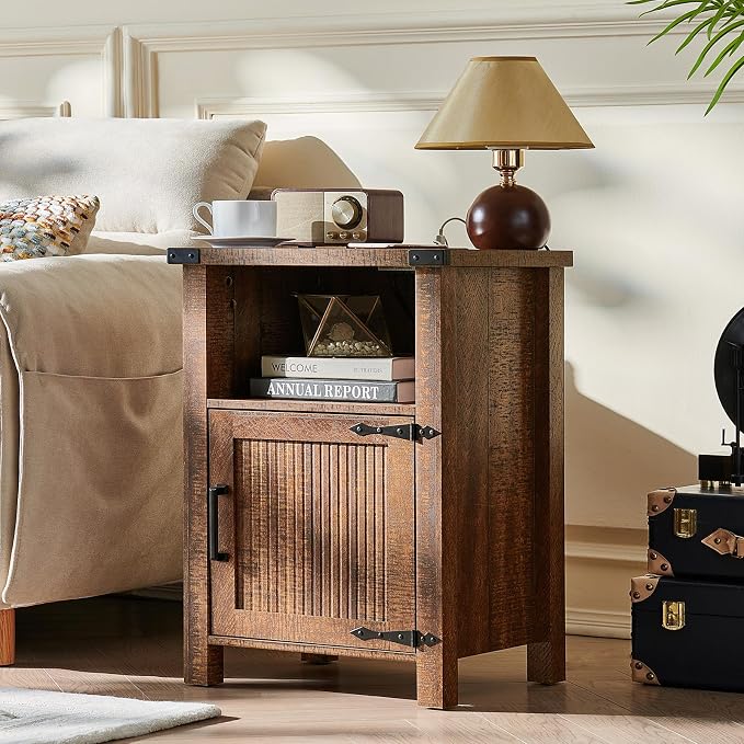 Joaxswe Night Stand Set of 2, 18 Inch Farmhouse Nightstand with Charging Station and USB Port, Rustic Wood Bedside Table with Magnetic Door, Bed Side Tables for Bedroom, Reclaimed Barnwood