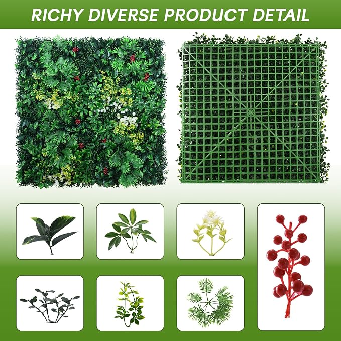 fanado Artificial Grass Wall Panels, 12 Pack 20"x20" UV-Anti Greenery Boxwood Panels, Privacy Green Wall Decor, Plant Hedge Fence Screen for Indoor Home Wedding Decor and Outdoor Backyard