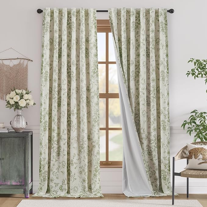 jinchan Linen Blend Floral Curtains for Living Room 96 Inches Extra Long Farmhouse Printed Curtain Back Tab Green Peony Flower Patterned Drapes Bedroom Window Curtains Set 2 Panels