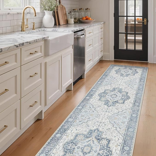 GENIMO Runner Rug 2'x5' Machine Washable Non Slip Vintage Hallway Runner Rug, Low Pile Lightweight Rugs for Indoor Entryway, Hallway, Kitchen and Corridor, Light Blue Beige