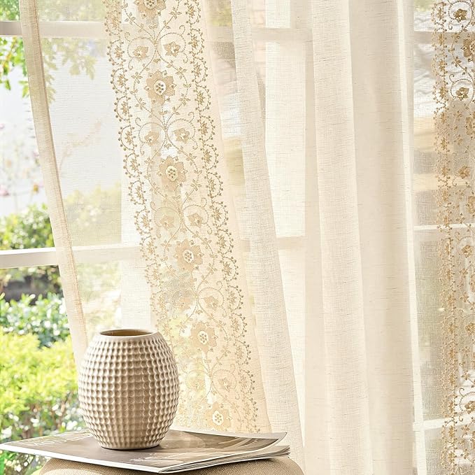 jinchan Weslie Beige Floral Sheer Curtains for Living Room 96 Inch Long Embroidered Voile Farmhouse Linen Curtains for Bedroom Ivory Flower Patterned Cottage Core Window Drapes 2 Panels Ivory on Beige