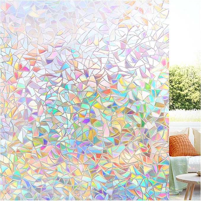 LUTE Window Privacy Film, Rainbow Window Film, 3D Decorative Stained Glass Cling, Non-Adhesive Vinyl Static Cling Removable Glass Stickers, Sun UV Blocking Decal Covering for Home, 17.5 x 118.1 inches