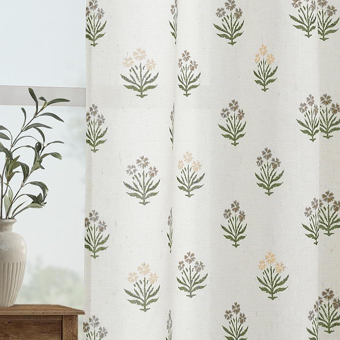 Brown and Green Vintage Floral Curtains for Living Room, Rustic Linen Semi Sheer Grommet Drapes, Country Farmhouse Dining Room Curtains 84 Inch Length 2 Panels Set