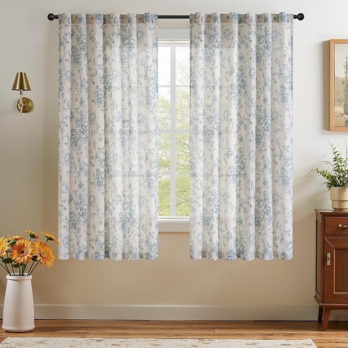 jinchan Linen Blend Curtain Floral Curtains for Living Room 45 Inch Length Blue Printed Curtain Rod Pocket Back Tab Farmhouse Peony Flower Patterned Drapes Bedroom Window Curtains Set 2 Panels