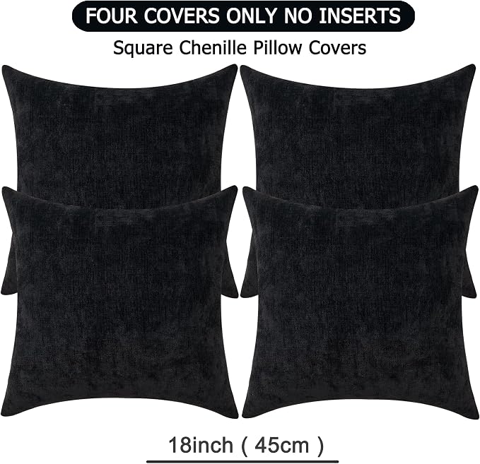 GAWAMAY Decorative Square Throw Pillow Covers 18"x18" Inch Set of 4, Super Soft Chenille Pillows Farmhouse Fall Pillowcase for Living Room Bedroom Sofa Couch Cushion Cover Black 45x45cm (No Insert)
