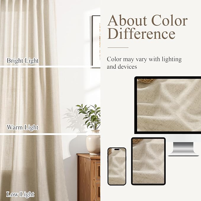 Aersas Eggshell Beige Linen Curtains 90 Inches Length for Living Room Flax Texture Wave Fabric Semi Sheer with Rod Pocket Back Tab for Bedroom Balcony Light Filtering Neutral Home Decor 52x90