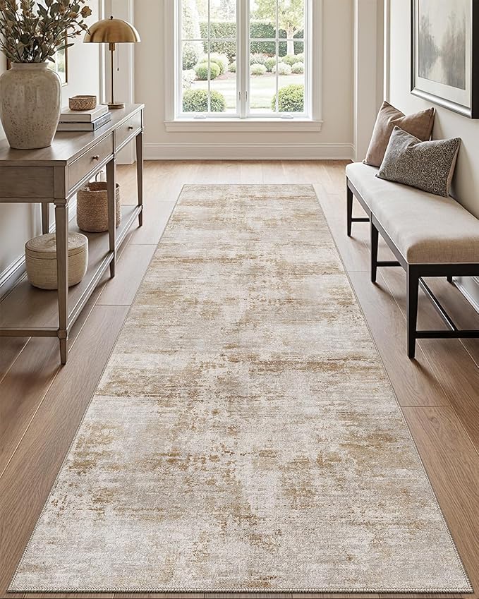DEXI Hallway Runner Rug Washable 2'8''x10', Modern Abstract Soft Thin Hallways Runner with Non Slip Backing, Low Pile Entryway Floor Rug, Stain Resistant Carpet for Bedroom Living Room, Khaki