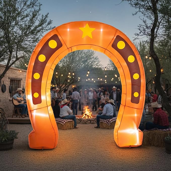 Seenelling 9 ft Western Party Giant Inflatable Archway Decoration, Cowboy Horseshoe Arch Built-in LED Lights for Western Themed Party Birthday Indoor Outdoor Supplies