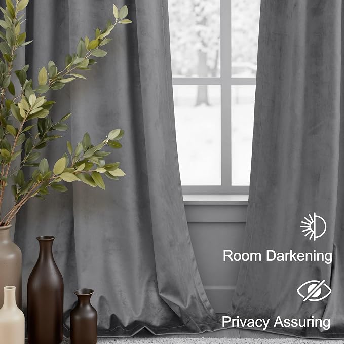Pitalk Grey Velvet Curtains 84 Inches Long 2 Panels Luxury Blackout Curtains for Bedroom Living Room Thermal Insulated Super Soft Window Drapes Gray Rod Pocket & Back Tab W52 x L84 Inch Length