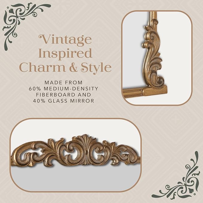 Wylde Iris English Estate Carved Arch Wood Wall Mirror, Mirror for Entryway, Living Room, Bathroom, Antique Gold, 30.6x41