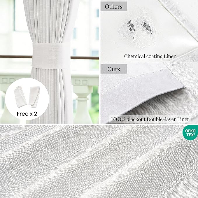 Topfinel 100% Blackout Linen Curtains 90 Inch Long 2 Panels Set, Full Light Blocking Natural Drapes with Back Tabs for Track System, Thermal Insulated Sliding Door Panels Natural 52" W*90" L