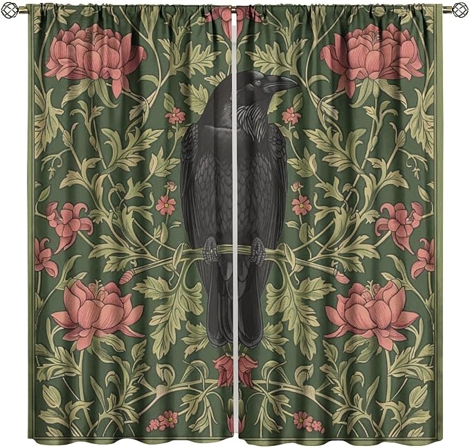 William Morris Blackout Curtains, Retro Bird Crow Flower Animal Pattern Window Drapes, for Bedroom Living Room 84" W X 84" L