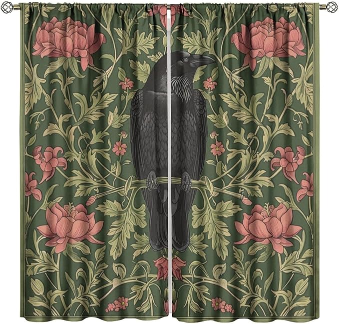 William Morris Blackout Curtains, Retro Bird Crow Flower Animal Pattern Window Drapes, for Bedroom Living Room 63" W X 72" L