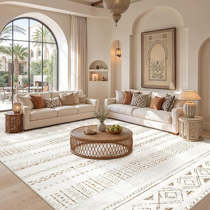 cotiled 10x12 Area Rugs Living Room Rug: Washable Boho Rugs with Non Slip Backing Large Soft Indoor Stain Resistant Carpet for Bedroom Farmhouse Dining Room Lightweight Home Decor L Brown/Cream