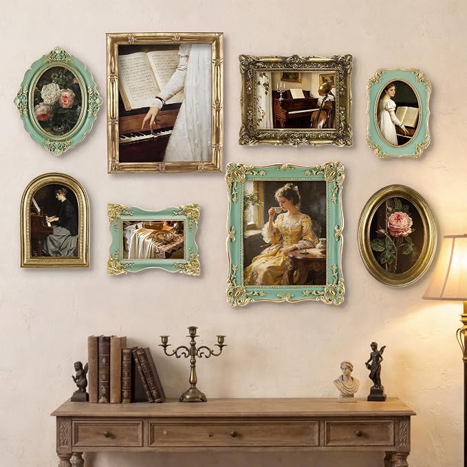 Lineshading 8 Pcs Gold and Green Picture Vintage Gallery Wall Frame Set Including 8x10, 5x7, 4x6 Antique Resin Picture Frame Collage Baroque Victorian for Wall Tabletop Display for Bedroom Living Room