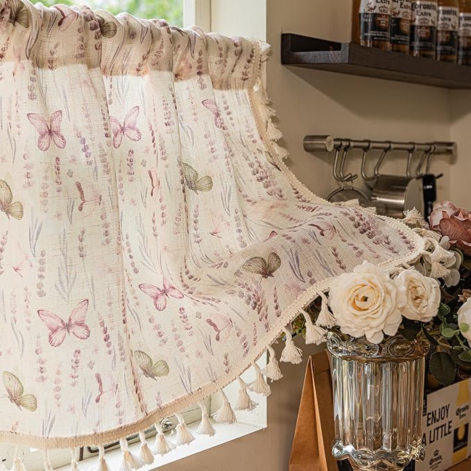 Deeprove Kitchen Curtain Valance Short for Window Bedroom Bathroom Garden Cafe Sink Closet Nursery Room, Lavender Purple Flower Butterfly Print Vintage Spring Summer Country, 1 Panel 52" W x 18" L