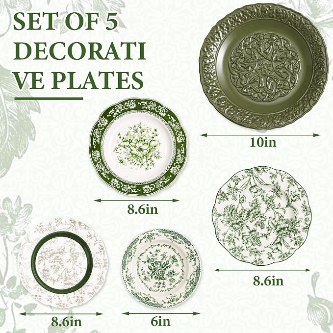Yiyiring 5 Pcs Coastal Vintage Ceramic Wall Plates Set, Green Decoration Hanging Plates with Botanical Patterns, Holland Vintage Gifts for Wall, Home Office Art Ornament(Emerald)