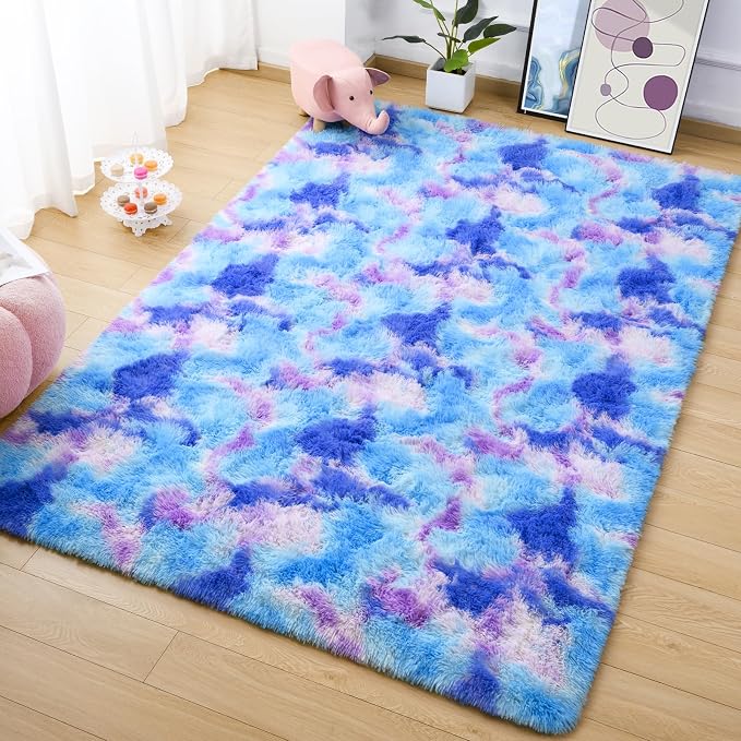 AROGAN Soft Rainbow Area Rugs for Girls Room 4x6 Feet, Fluffy Cute Colorful Princess Carpet for Kids Teens Nursery Toddler Dorm Bedroom Classroom, Blue and Purple