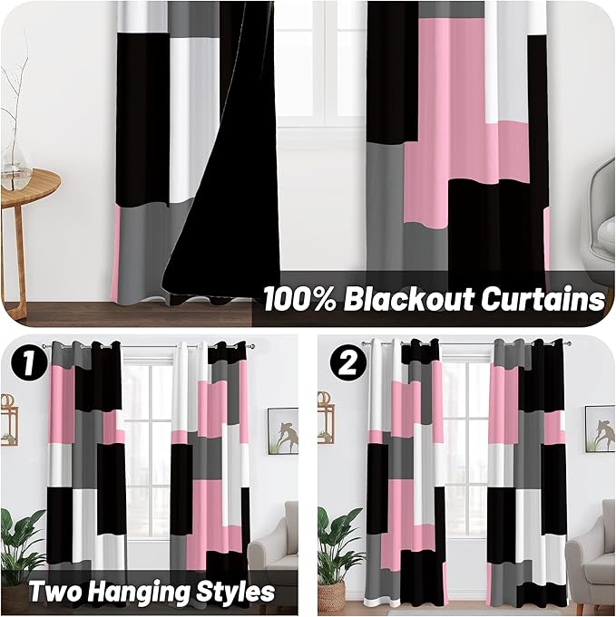 Tyrot Pink 100% Blackout Curtains for Bedroom 96 inch Length 2 Panels Set White Grey Modern Abstract Geometric Black Out Curtains Insulated Room Darkening Window Drapes for Girls Living Room, 52Wx96L