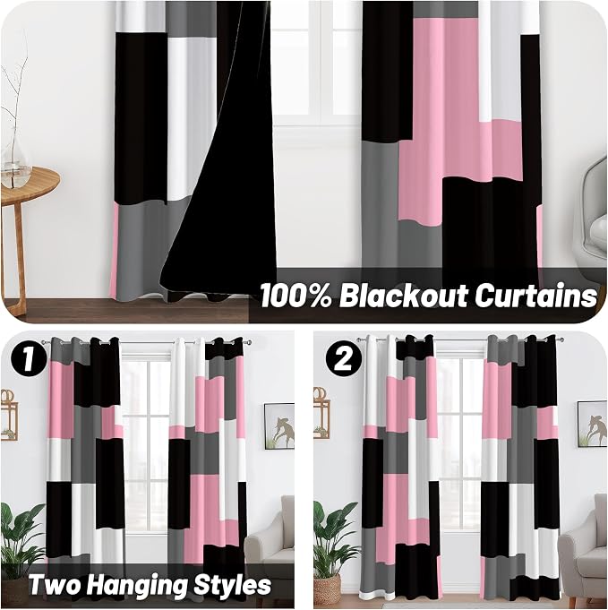 Tyrot Pink 100% Blackout Curtains for Bedroom 108 inch Extra Long 2 Panels Set Black White Grey Modern Abstract Geometric Black Out Curtains Room Darkening Window Drapes for Living Room, 52Wx108L