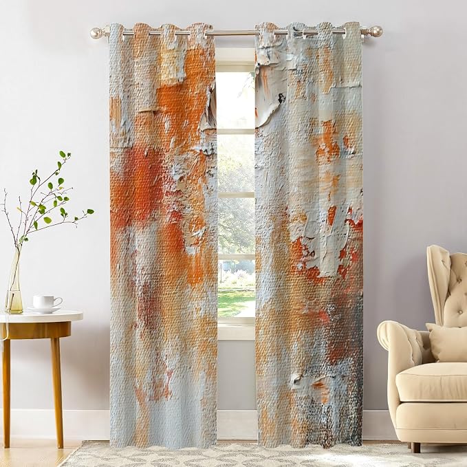 Shrahala Brushstrokes of Paint Blackout Window Curtains, Orange Grey Canvas Texture Thermal Insulated Curtains Grommet Top Window Drapes for Living Room, Bedroom (2 Panels, 52 x 84 in)