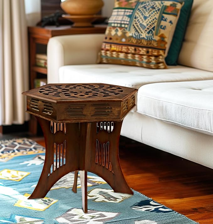 COTTON CRAFT Solid Wood End Table - Hand Carved Moroccan Accent Table - Boho Folding Side Table - Small Spaces Entryway Global Living Room Bedside - No Tools Assembly - 24x20 in - Dark Antique Brown