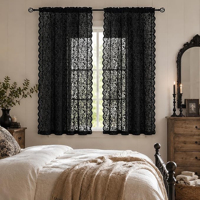 ALIGOGO Black Lace Curtains 63 Inch Length Victorian Vintage Floral Sheer Curtain Panels for Halloween Luxury Gothic Curtains for Bedroom Witchy/Goth/Moody Room Decor, 52 x 63 Inch, Black