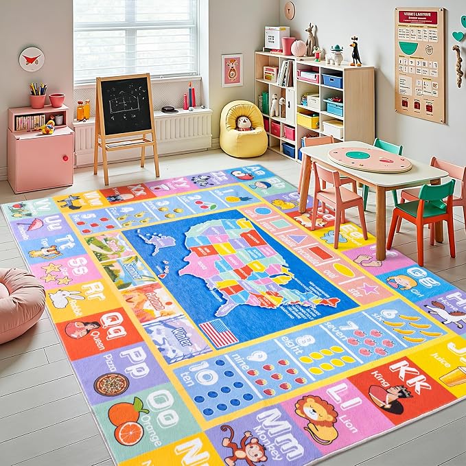 Kids Rugs for Playroom - Soft & Non-Slip 9x12 Feet Educational Rug for Learning ABC Alphabet, Numbers, Shapes & Map, Washable Classroom Rug for Bedroom Nursery & Kids Room Decor