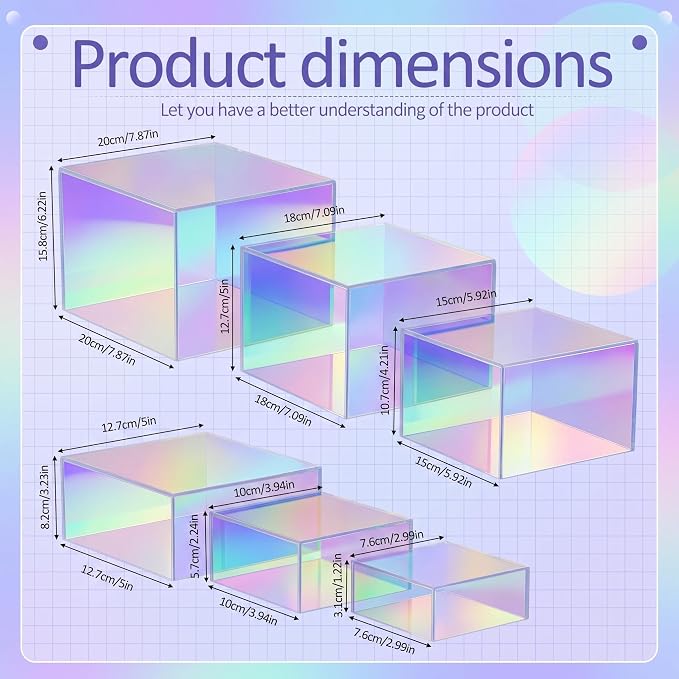 Geelin 6 Pack Acrylic Risers for Display Acrylic Cube Boxes Risers Display Stands with Hollow Bottoms Decorative Stand for Jewelry Candy Table Decor 6 Sizes (Iridescent,3 to 8 Inch,Square)