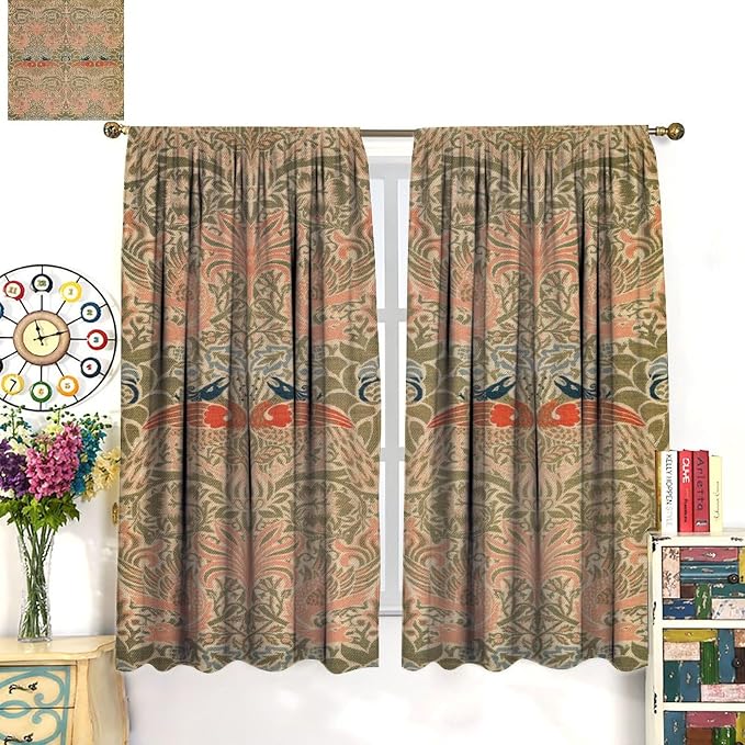 Retro Bohemian William Morris Blackout Window Curtains, Vintage Peacock Abstract Art Pattern Print Window Drapes, for Bedroom Living Room 21(W)*45(L) 2 Panels