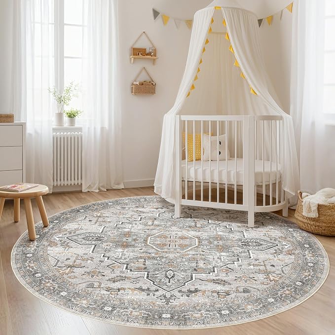 Round Rug Living Room Rugs: 8x8 Washable Boho Neutral Large Circle Soft Indoor Floral Stain Resistant Floor Farmhouse Carpet for Bedroom Nursery Kids Playroom Office Dining Room- Taupe