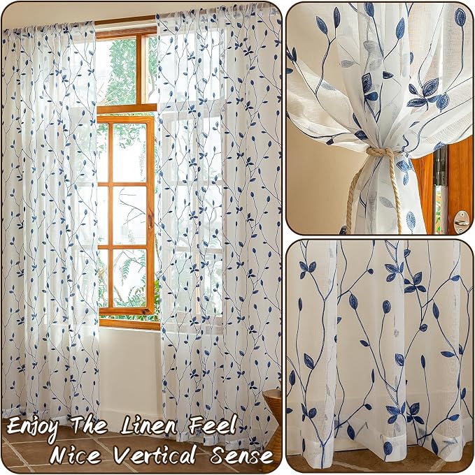 AmHoo 2 Panels Embroidered Leaf Pattern Semi Sheer Curtains Foliage Floral Voile Window Draperies Treatment for Bedroom Living Room Rod Pocket White Blue Lolite 53 x 84 Inch