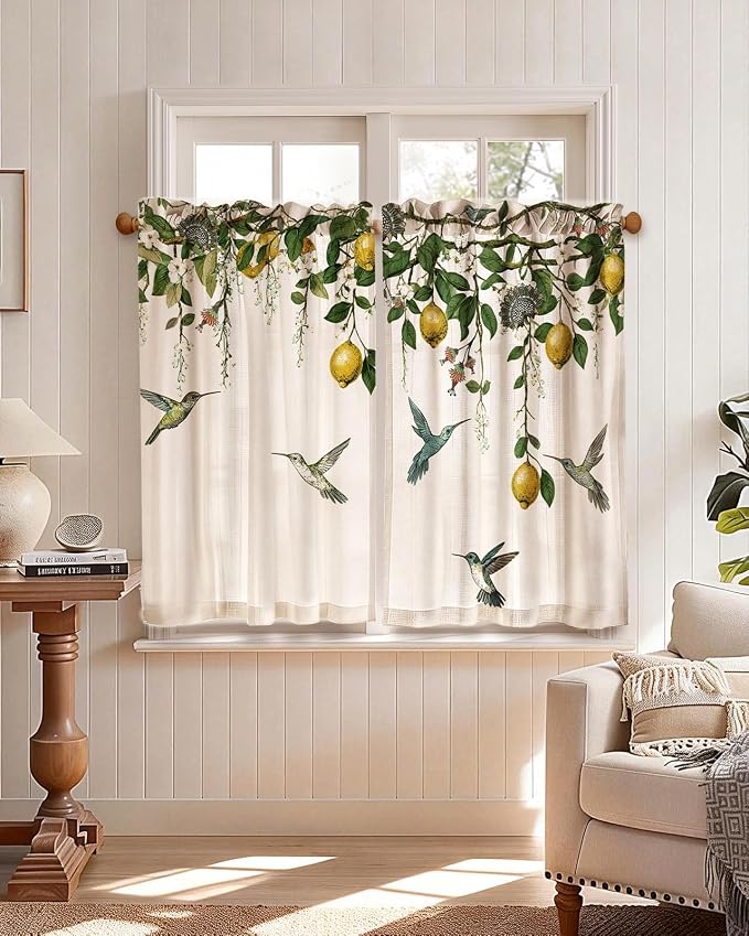 Miss Adola Farmhouse Kitchen Tier Curtains - 36 Inch Length Linen Blend Vintage Cafe Curtains Lemon Bird Small Window Treatments Over Sink Rod Pocket for Bathroom Living Room Light Filtering, 2 Panels