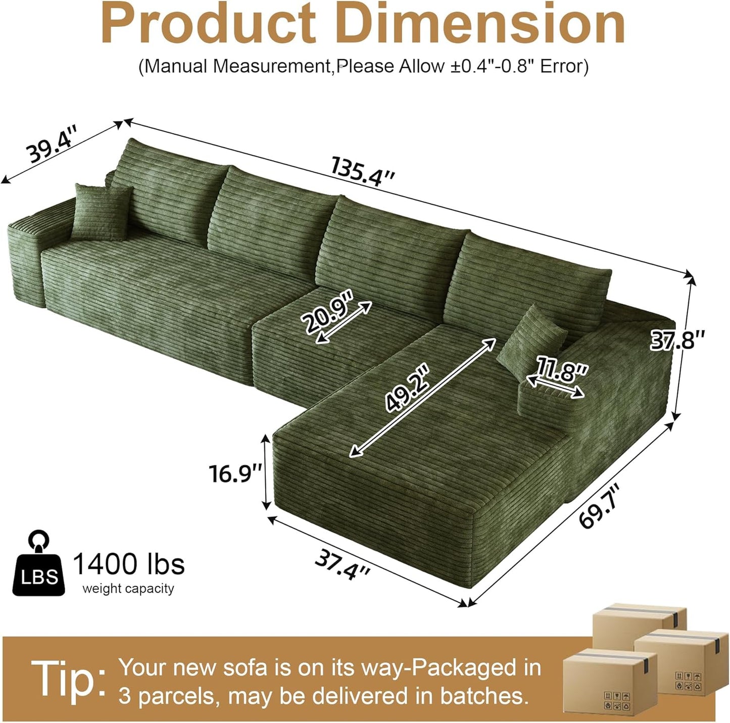 136" Sectional Couches for Living Room Modern Modular Sofa with L-Shape Couchs Upholstered Boneless Couch Deep Seat Sectional Couch with Chaise (Green, Right Facing Chaise+3Seaters)