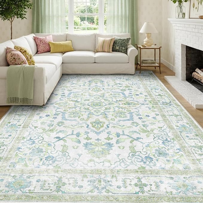 CAPALOCA Machine Washable Rugs Nursery Rug 8x10 Cute Girl Non Slip Low Pile Water Repellent Soft Print Pattern for Bedroom Indoor Decor Kids Playroom Green Blue
