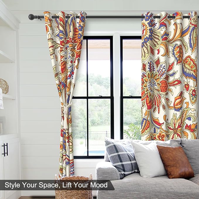 Boho Blackout Curtains for Bedroom and Living Room, Bohemian Floral Black Out Curtains 84 Inch Long, Light Filtering Soundproof Bedroom Curtains 2 Panel Sets, Room Darkening Curtains with Tiebacks
