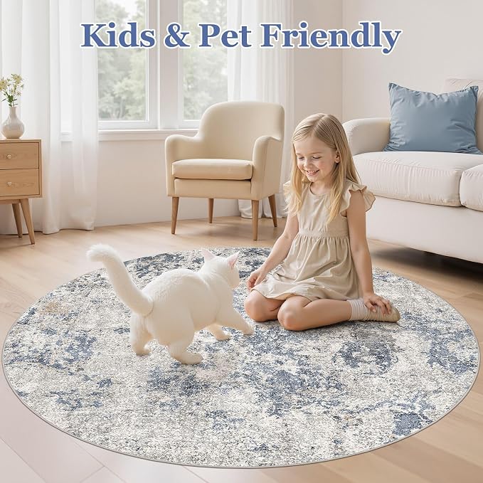 5ft Round Area Rugs for Living Room: 5x5 Abstract Washable Rug Modern Large Soft Stain Resistant Non-Slip Backing Machine Table for Bedroom Dining Room Indoor Home Office Carpet - Blue Brown