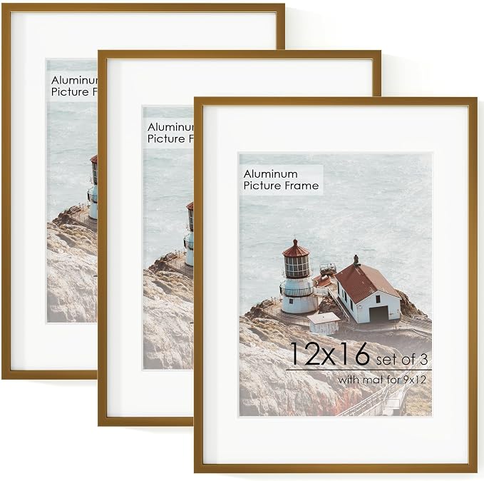 FLYJOE 12x16 Metal Picture Frame for Wall With Mat for 9x12, 12''x16'' Aluminum Certificate Document Frames With Plexiglass, Minimalist Modern Poster Frame Horizontally And Vertically, 3 PCs, Bronze