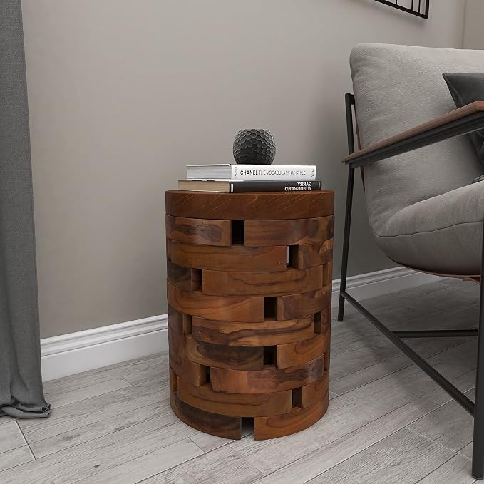 Deco 79 Teak Wood Handmade Side End Accent Table Live Edge End Table with Brick Inspired Design, Side Table 14" x 14" x 18", Light Brown