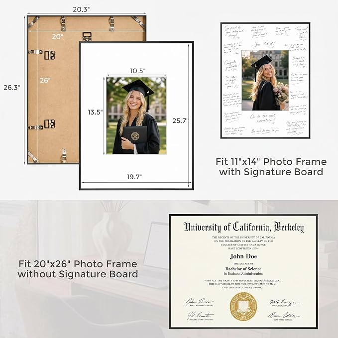 Signature Picture Frame 20x26, Aluminum Signable Frame with Glass, Black | Sleek Black Signable Frame with 11x14 for Wedding, Graduation, Birthday & Baby Shower Guest Book| Real Glass & Wall Kit