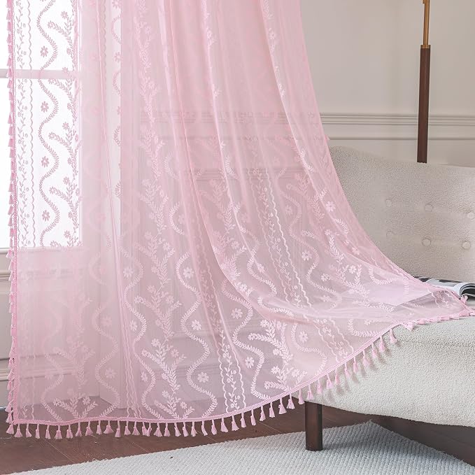 WAZZIO Boho Lace Curtains 84 Inch 2 Panels -Sheer Panel Drape Floral Pattern & Tassel Light Filtering Privacy for Bedroom Dining Living Room,Princess Pink Girl Bedroom Decor,Pale Pink,W52 x 84L
