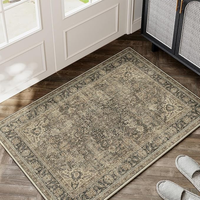 2x3 Washable Area Rug Brown Vintage Non Slip Soft Low Pile Small Rug for Entryway Kitchen Bathroom Distressed Oriental Throw Carpet for Living Room Bedroom Home Decor