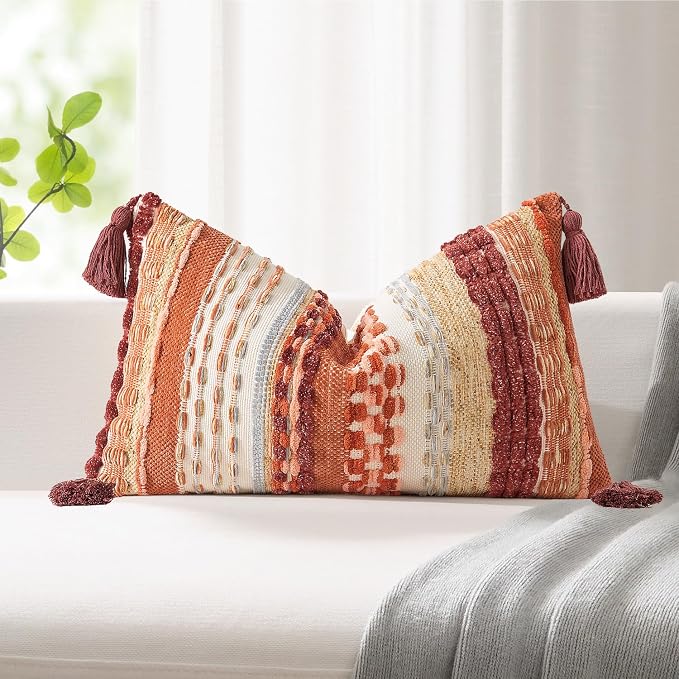 Kevin Textile 14x20 Inch Lumbar Throw Pillow Cover 1 Pack Fall Boho Decorative Soft Chenille Thread Woven Tufted Textured Rectangle Cushion Case for Living Room Couch Sofa Bed, Burnt Orange