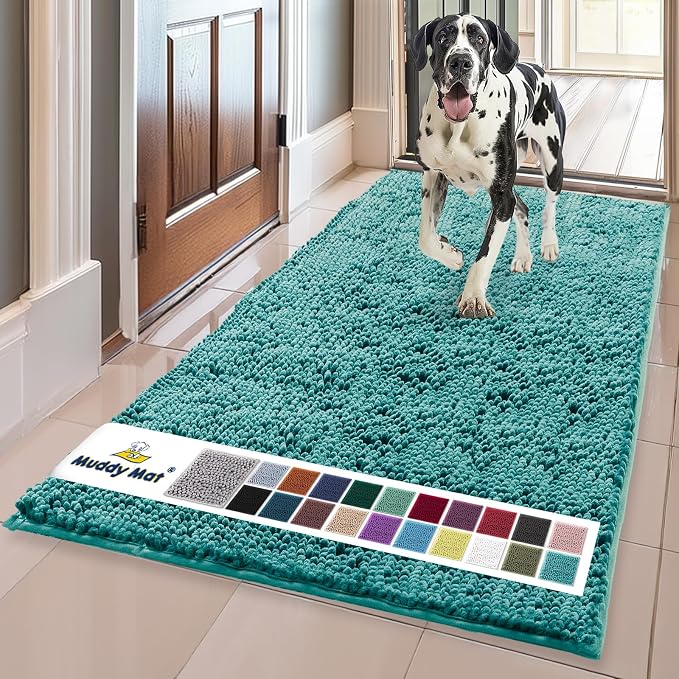 Muddy Mat® | Super Water Absorbent Door Mat Indoor, Microfiber Quick Dry Chenille Entryway Rug, Slip Resistant Front Door Mat, Indoor Mats for Entryway, Machine Washable Pet Rug, Teal 24"x60"