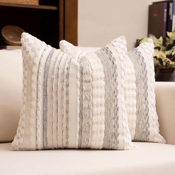 Boho Chenille Tufted Throw Pillow Covers 18x18 Inch Set of 2 Farmhouse Grey Woven Striped Decorative Pillowcases for Couch Sofa Bed
