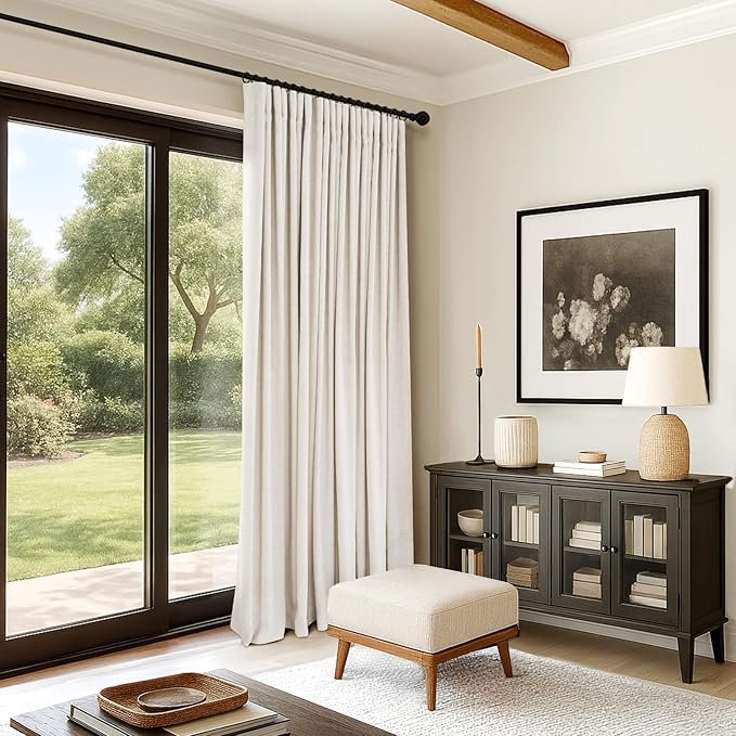 INOVADAY 100% Blackout Curtains for Sliding Glass Doors, 102 Inch Extra Wide Sliding Door Curtains, Clip Rings Linen Drapes, Thermal Insulated Room Darkening for Living Room, 1 Panel - Beige, W102xL84