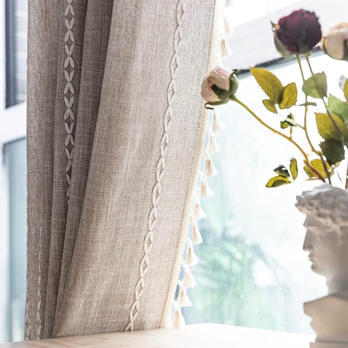 RoomTalks Boho Farmhouse Curtains for Bedroom Living Room 72 Inch Length 2 Panels in Tan French Cabin Rustic Country Cute Cotton Polyester Window Curtain Panels Bohemian Chic Tassel Draperies